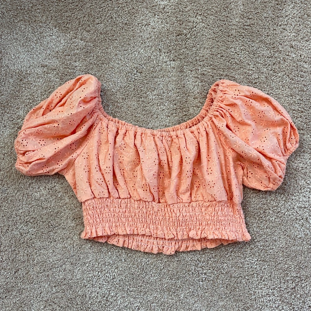 Salmon Colored Crop Top with puff sleeves and floral print